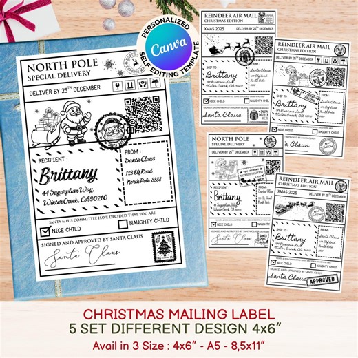 Personalized Christmas Mailing Labels, Santa Delivery North Pole Shipping Tag, Elf Approved Christmas Mail, Editable Canva Template - Etsy