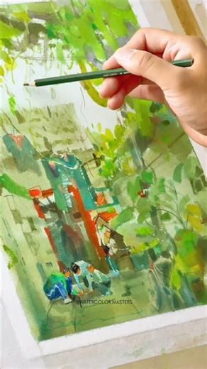 Watercolor painting by artist Junwei (Douyin) — a vibrant urban landscape brought to life with expressive brushwork, layered transparencies, and masterful color harmony. 🌿🏙️✨ #watercolorpainting #urbanlandscape #pleinair #artprocess #watercolorart | Watercolor Masters