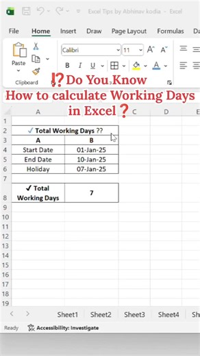 Abhinav kodia on Instagram: "❓Do you know How to calculate Working days in Excel #microsoft #microsofexcel #excel #exceltips #exceltipstricks #microsoftexceltraining #trendingreels #trending #instagood #insta #instareels #instalike #india #abhinavkodia #instagram #reels #reelsinstagram #study #studymotivation #daily #dailyreels #microsoftteams #computer #viral #viralvideos #viralreels#abhinav"