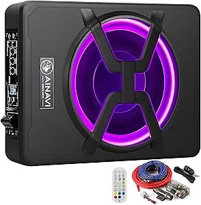 AINAVI 10 Inch Under Seat Car Subwoofer Bass Active Stereo with Multi Colors Ambient Lighting,Built-in Amplifier 800 Watts Max, Remote Control and Enclosure (Multicolor)