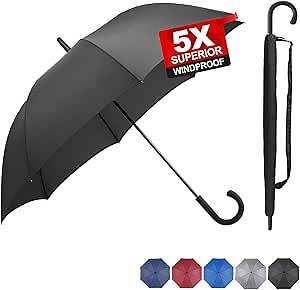 RUMBRELLA Black Hook Handle Umbrella Windproof UPF 50+, j Stick UV Umbrellas Auto Open 54IN