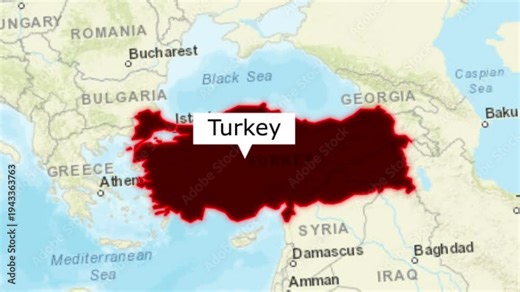 Turkey map animation, smooth camera flyover across on a detailed political world map, Israel, Saudi Arabia, and the Caspian Sea visible, maps zooming from top Space view, world map