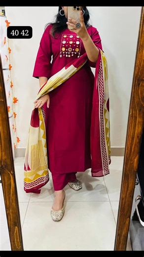 Spinz India Boutique on Instagram: "*Premium Rich Thick Pure Cotton Suit*🥳🥳 Designer kurti palazzo dupatta set in *Premium Pure Cotton* with beautiful kowri ,coin and mirror work in yoke with thread detailing in neckline with beautiful block print cotton dupatta Note : Aline Kurti with no side cut...one side pocket in kurti Size : *Mentioned in pic* Price : *1699/-"