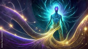 Alien being on surreal planet with flowing energy colors. Interdimensional being. Extraterrestrial entity, alien landscape. Astral entity on astral plane. 2d hand animation of AI image. Stock Video