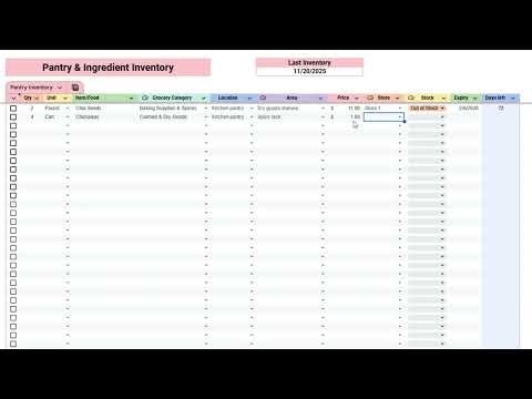 Pantry Inventory Spreadsheet Main Tab Overview and Smart Item Tracking