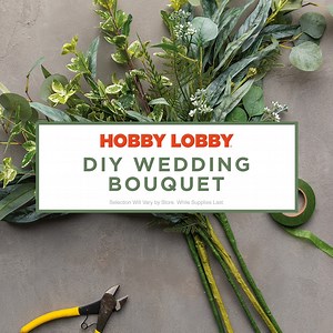 This DIY bouquet is perfect for a farmhouse wedding. Visit your local Hobby Lobby® to get supplies. See steps below: 1. Group greenery. 2. Add flowers. 3. Secure with jute. 4. Finish with a white satin bow. | Hobby Lobby | Facebook
