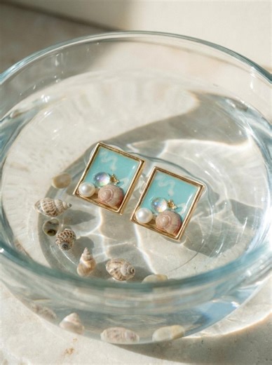 Sky Blue Enamel Shell Earrings With Pearl, Coastal Stud Ocean Jewelry - Etsy