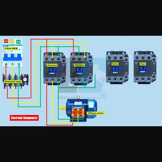 Forward Reverse Star Delta Starter Power Circuit Diagram | 𝐄𝐥𝐞𝐜𝐭𝐫𝐨𝐧𝐢𝐜 𝐂𝐨𝐦𝐩𝐨𝐧𝐞𝐧𝐭𝐬