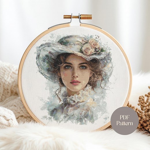 Victorian Lady Cross Stitch Pattern Elegant Woman PDF Portrait Embroidery Chart Full Stitch Romantic Vintage Hat Flowers DIY Decor - Etsy