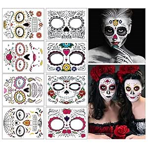 Temporary Face Tattoo, 8 Kits Tattoos Sugar Skull Stickers Day of The Dead Makeup, Face Tattoo Rose Design for Halloween, Masquerade and Parties