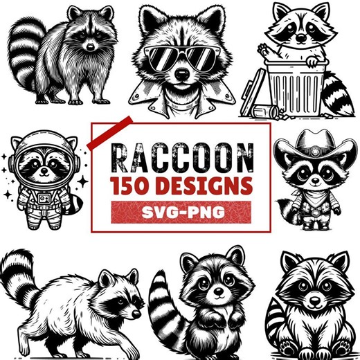 Raccoon Clipart Bundle: 150 PNG & SVG Designs for Crafts - Etsy