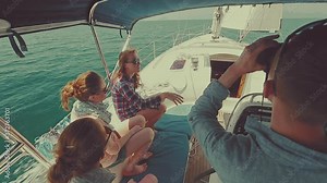 Friends sailing. Four friends sailing the boat in the tropics and relax in the cockpit. Color graded version