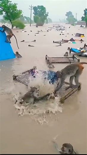Flood Brings Chaos Below, But Monkeys Play On Above the Water 😔🐒