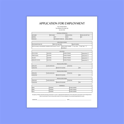 Application for Employment. Job Application Template Word. Employee Application. Editable Employee Application Form, Job Application - Etsy