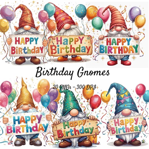 Happy Birthday Gnome Clipart | Festive PNG Bundle | Digital Downloads - Etsy