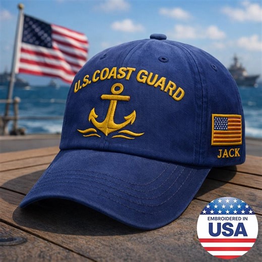 Custom Name U.S. Coast Guard Hat Embroidered Anchor Cap With American Flag Patch, Patriotic Military Veteran Gift, Navy Blue Cotton Dad Hat - Etsy