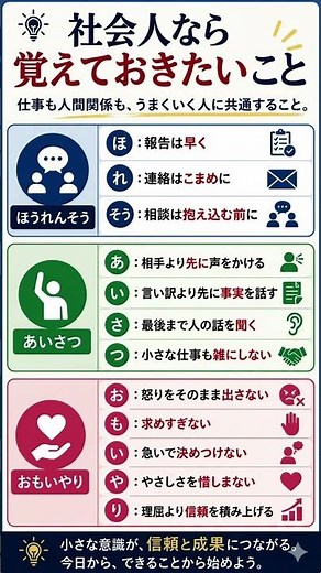 社会人なら覚えておきたいこと｜仕事も人間関係もうまくいく人に共通すること #社会人なら覚えておきたいこと #仕事術 #人間関係 #社会人の基本 #ほうれんそう #大人の学び #shorts