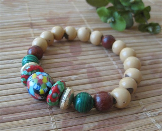 African Trade Bead Bracelet: Gold Disc Spacers, Malachite Beads, Wood, Philippine Anahaw Beads - Etsy