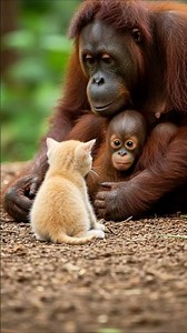 Kitten Meets Orangutan with Baby