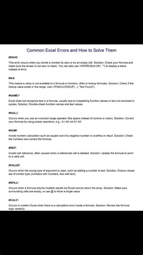 Learn Excel on Instagram: "Mastering Excel: A Guide to Common Errors and Solutions . . . . . . . . . #monikaexcel01 #KeyboardShortcuts #excelcheatsheet #excellovers #excelfunctions #excelformulas #excelformulas #excel #msexcel #microsoftexcel #exceltipsandtricks #excelhacks #exceltricks #excelshortcutkeys #spreadsheets #excel2025 #cheatsheet #spreadsheets #excelerror MS Excel | Excel | Excel Tips | Excel Functions | Excel Formulas | Excel Cheatsheet | Excel Hacks | Excel 2025"