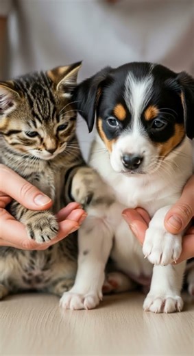 Cute little dog and cat playing in the garden #puppydog #kitten #pets