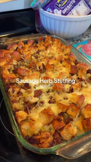 this turned me into a stuffing lover 😋 .. Sausage Herb Stuffing 1 loaf baguette, cut into cubes Olive oil Italian seasoning, garlic powder, onion powder 1 lb Italian sausage 1 cup unsalted butter 3 cups diced sweet onion, roughly 2 large onions 2 cups diced celery 6 green onions, sliced 6 garlic cloves, minced kosher salt and pepper 3 tablespoons chopped fresh sage 3 tablespoons chopped fresh parsley 3 tablespoons chopped fresh rosemary 1 tbsp thyme 2 1/2 cups chicken or vegetable stock 2 large