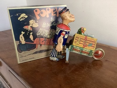 Vintage Marx tin lithograph Popeye Express Baggage Cart wind-up toy 1935 | eBay