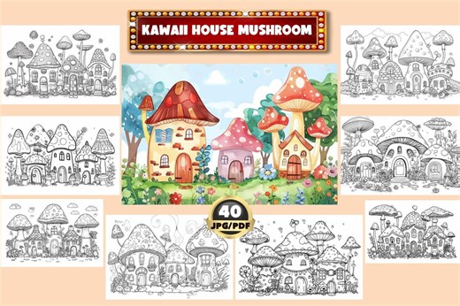 Kawaii Mushroom House Coloring Book: Grayscale Illustrations (Printable PDF)