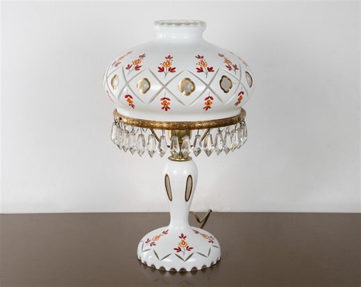 Vintage Bohemian Czech Hand-cut Glass Table Lamp With Hand-painted Red Decoration - Etsy