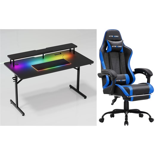 GTRACING Home Office & Gaming Bundle: GTWD-200 Ergonomic Gaming Chair with Footrest & Lumina Elite LED Gaming Desk with Power Outlets, Wireless Charging, and Monitor Stand