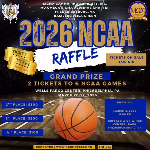 In collaboration with the Tau Rho Chapter of Omega Psi Phi Fraternity, Inc, we present to you the Men’s NCAA First and Second Round NCAA March Madness Basketball Ticket Raffle 🏀 Contact us for your chance to win 1 of 4 amazing prizes ‼️ Tickets are only $10‼️ 🌟Grand Prize 🌟 🎟️2 Tickets to the first round games (4 games) 🎟️2 Tickets to the championship games (2 games) 🏨Hotel Accommodations Included 💰2nd Place: $300 💰3rd Place: $200 💰4th Place: $100 The drawing will be held at 8:00 pm on 