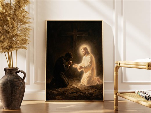 Jesus and Kneeling Man Christian Wall Art, Tenebrism Digital Print, Catholic Gift for Men, Prayer Room Decor, Easter Sunday,digital Download - Etsy
