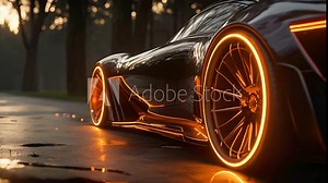The camera zooms in on the wheels showcasing the intricate details of the custom rims and the glow of the LED lights built into them.