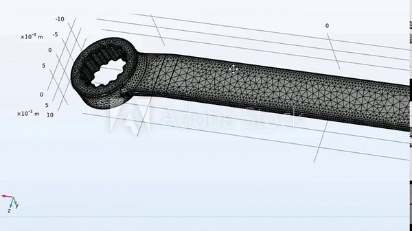 Video animation of computer 3d modeling and analysis of wrench and bolt model with rotation using computer aided design system. Graph with calculation grid. Technic education cad drawing.