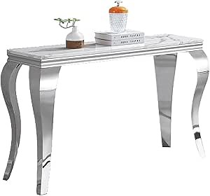 47 inch White Marble Console Table with Stainless Steel Metal S-Base, 47" Rectangle Faux Marble Sofa Table Modern Console Table for Living Room, White Marble Entryway Hallway Table