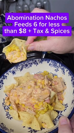 Abomination Nachos is a quick and easy crockpot dinner that serves 6 for less than $8 1 lb Frozen boneless skinless chicken thighs - $3.29 1 15oz can of corn - $0.76 1 14.5 oz can Chili Ready Diced Tomatoes - $0.92 1 Block Cream Cheese - $1.49 1 Box Yellow Rice - $1.18 Tortilla Chips for serving
