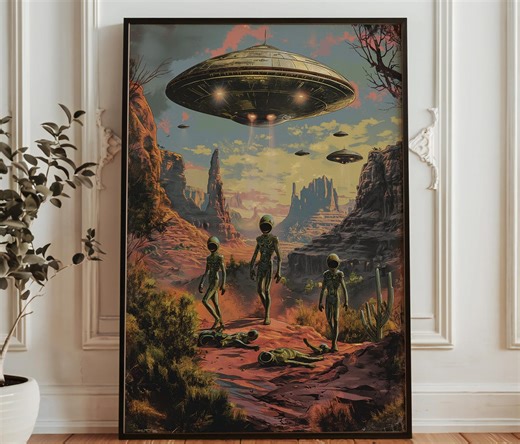 Alien Landing Art Print - Retro Sci-fi Desert UFO Scene - Vintage Space Wall Art - Etsy
