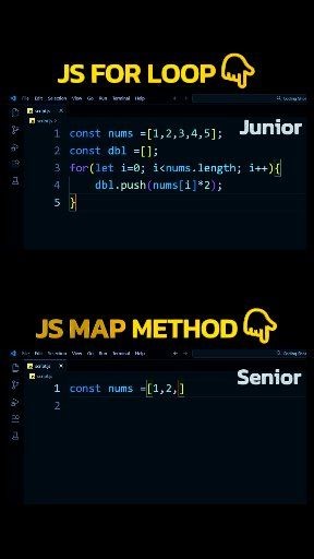 JavaScript map() vs for loop | Pro Coding Trick Junior Way: Using for loop to double array values Senior Way: Using map() for clean, readable, modern JavaScript Which one do you use? Level up your JS skills by learning array methods like a pro! 👉 Follow for more JavaScript reels 👉 Learn clean & smart coding habits #javascript #javascriptips #javascriptchallenge #codingshorts #learnjavascript #CodeTips #webdevelopment #developer #shortsreels #facebookreels #vairalreels #trandingreels #reels2026