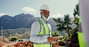 Mature man, handshake and tablet on construction site for welcome and project management agreement with client. People, contractor and shaking hands with technology for online digital contract.