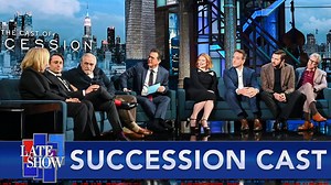 In the final part of Stephen’s exclusive interview with the cast of “Succession,” he asks Brian Cox, Sarah Snook, Kieran Culkin, Alan Ruck, Nicholas Braun, Matthew Macfadyen, and J. Smith-Cameron to offer one word to describe what’s ahead in the new season, then we get an exclusive look at a scene from an upcoming episode. Watch “Succession” on HBO and HBO Max when it premieres on October 17th. | The Late Show with Stephen Colbert