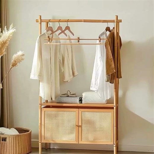 Natural bamboo and wood coat rack: Woven home storage art