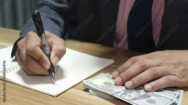 Bank teller working and counting 100 dollar bills
