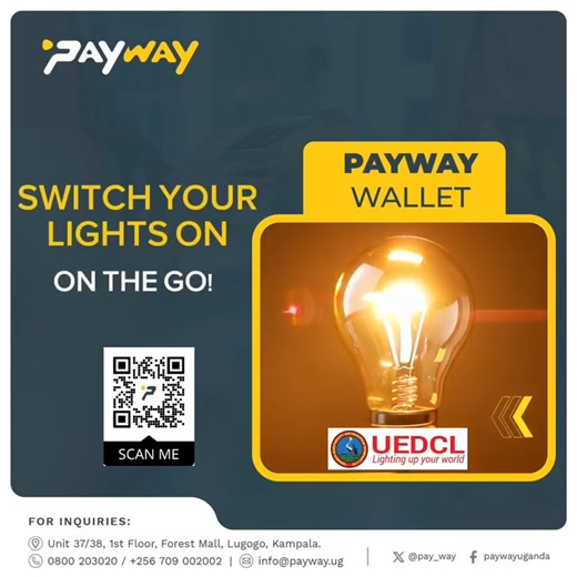 ✨ Switch on the Lights at home with a simple tap in your PayWay Wallet! Load UEDCL Light units in seconds—no queues, no stress. Select UEDCL Light, enter your meter number, choose your amount, and pay with ease. Power on, anytime, anywhere! 💡 📲 Learn more: https://zurl.co/2J7tf #PayWay #DigitalPayments #PayWayUganda #PayWayWallet #UEDCLLight | PayWay