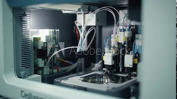 Inside PCR Amplification Workstation with Complex Circuitry and Robotics Under Soft Lighting