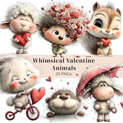 Valentine Animals Clipart, Whimsical Valentine Graphics, Cute Love Animals PNG, Digital Download - Etsy