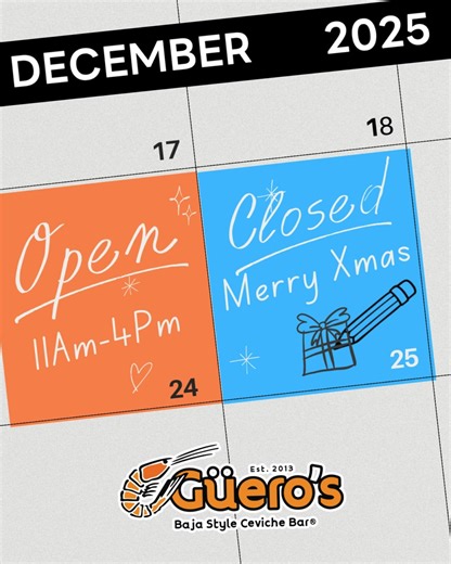 Happy Holidays from all of us at Guero's! We'll be open this Wednesday until 4pm to serve you, but we'll be closed on Thursday. Wishing everyone a Merry Christmas! #HappyHolidays #MerryChristmas #BajaStyle