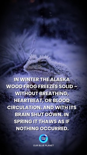 The Alaska wood frog (Rana sylvatica) has an extraordinary ability to survive the winter: it can freeze a large part of its body and then fully thaw in spring. Falling temperatures trigger a massive production of glucose, which acts as a natural antifreeze and reduces the formation of harmful ice crystals inside cells. During the freezing period, up to about 65 % of its body water can solidify. At this time, breathing, heartbeat, blood circulation and brain activity cease, and metabolism comes n