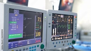 Monitors in hospital theater. Medical vital signs monitors in a hospital. Anesthesia surgery monitor. Heart beat of a patient on the screen of computers in hospital. Stock Video