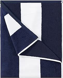 Cotton Oversized Beach Towel - Large 70 x 35 Inch Pool Towel, Navy Blue Striped Quick Dry Swimming Cabana Towel