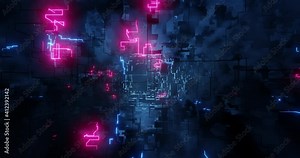 Abstract hologram 3D Big Data Digital City with futuristic matrix. Digital buildings with a binary code particles network. Futuristic technology abstract with lines for network. 3D render 4k loop